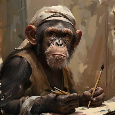 Künstler-Schimpanse mit Pinsel und Palette (KI-generiert)